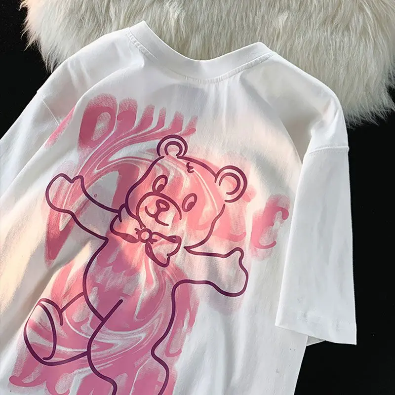 

American Vintage Bear Short Sleeve T-shirt for Men and Women Summer Loose Couple Versatile Half Sleeve Top Made of Pure Cotton