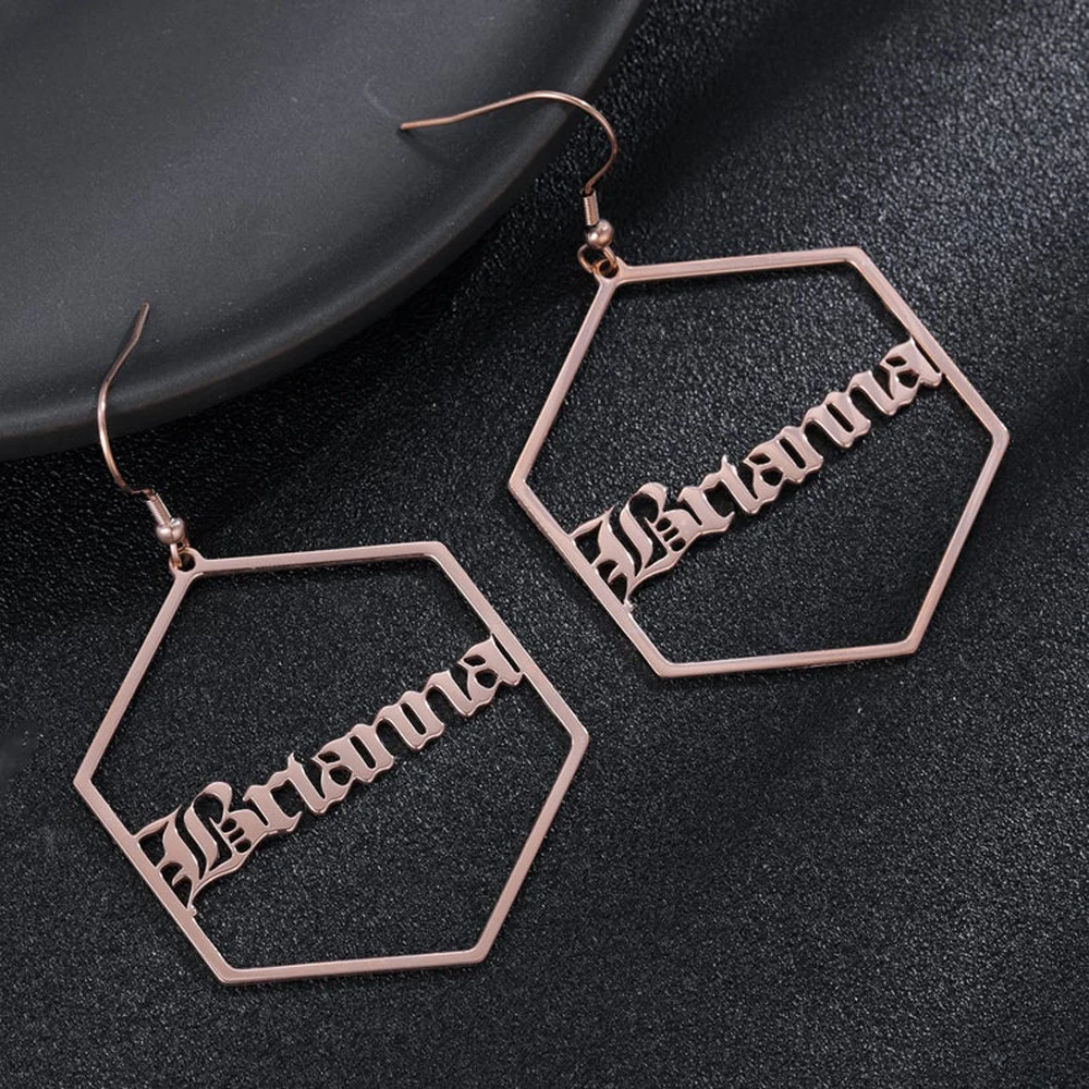 

Personalized Hexagonal Big Drop Earrings for Women Custom Name Stainless Steel Jewelry Gift Gold Crochet Earrings Free Shipping