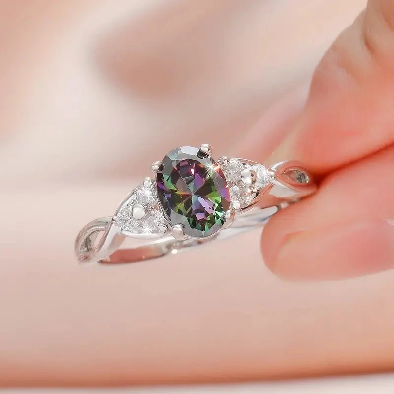 Huitan Elegant Oval Colorful CZ Ring for Women Aesthetic Bridal Wedding