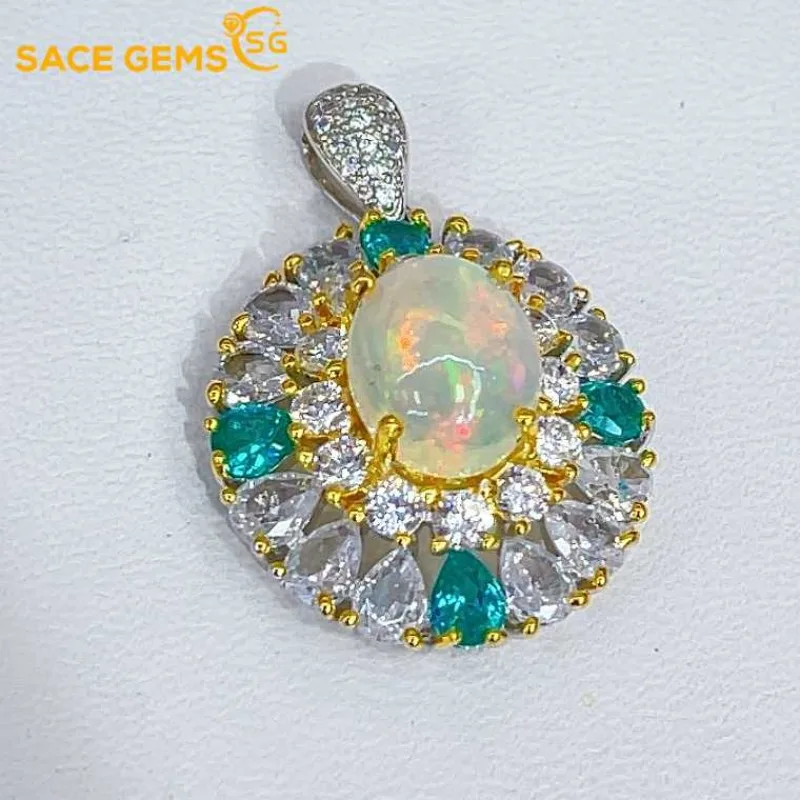 

SACE GEMS S925 Sterling Silver Certified 8*10MM Natual Opal Pendant Necklaces for Womne Engagement Cocktail Party Fine Jewelry