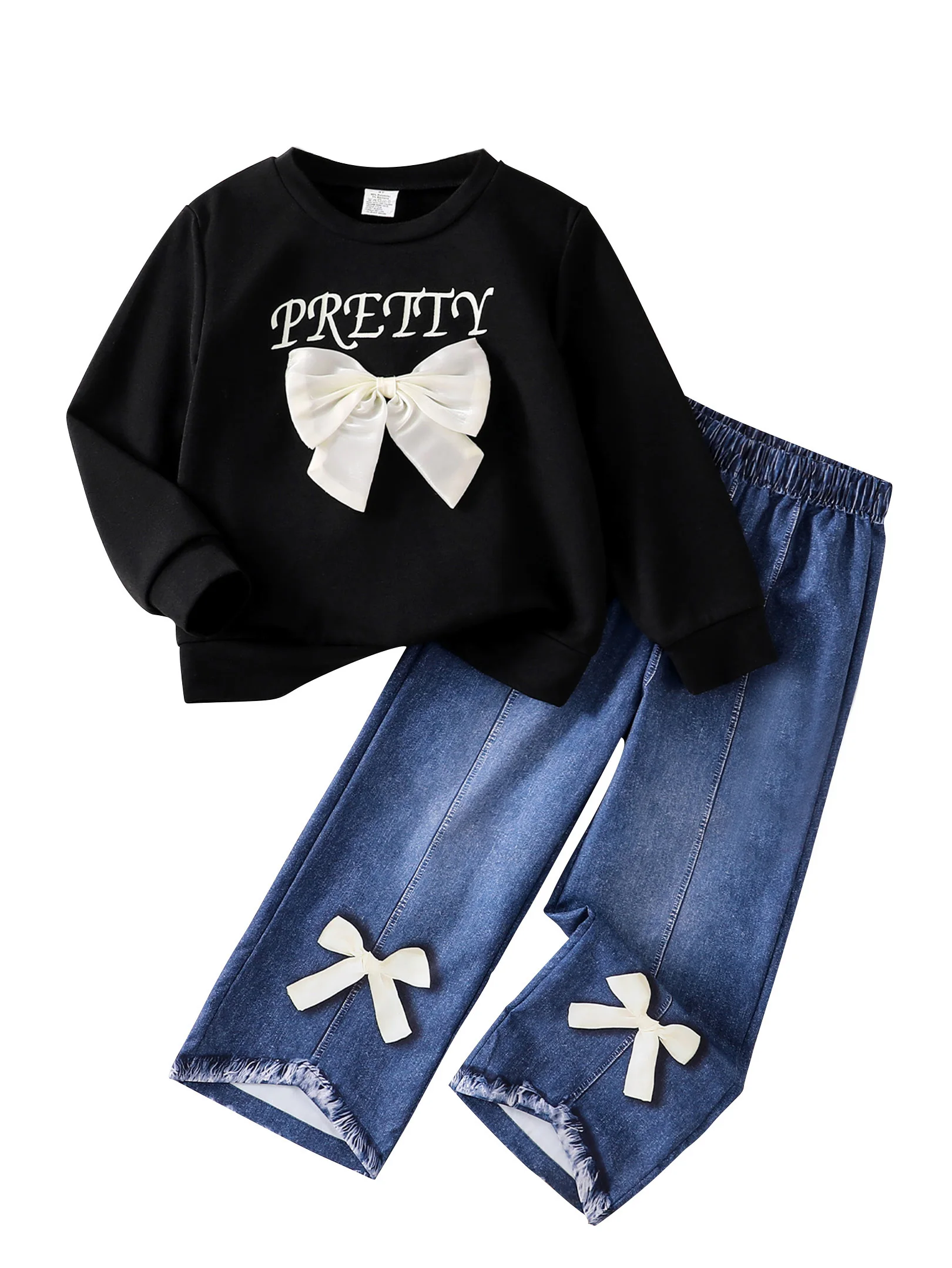 مجموعة مكونة من قطعتين من ملابس الربيع والخريف البسيطة والعصرية للفتيات: ملابس خارجية أنيقة وعقدة على شكل حرف إنجليزي ورقبة دائرية وأكمام طويلة + سراويل من قماش الدنيم الصناعي بطباعة في الهواء الطلق، ملابس كاجوال أنيقة وشبابية للفتيات