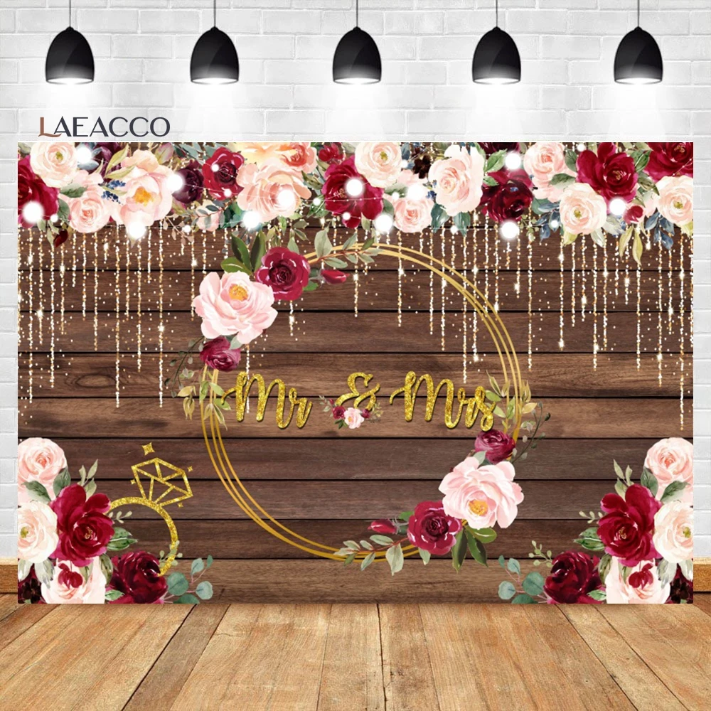 

Laeacco Mr and Mrs Backdrop Rustic Wood Red and Pink Floral Mr & Mrs Engagement Decor Wedding Portrait Photography Background