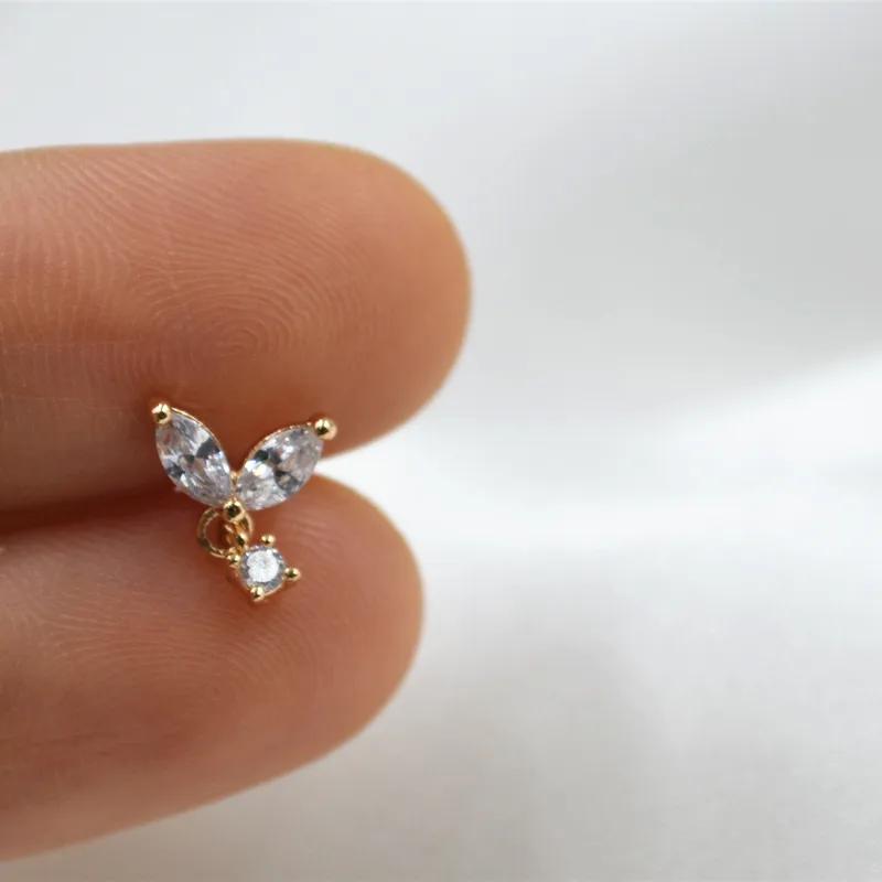 

Shine Body Jewelry Thin Bar 20G Butterfly CZ Gems Ear Piercing Studs Ear Helix Cartilage Stud Gold Shine Upper Earring New Hot