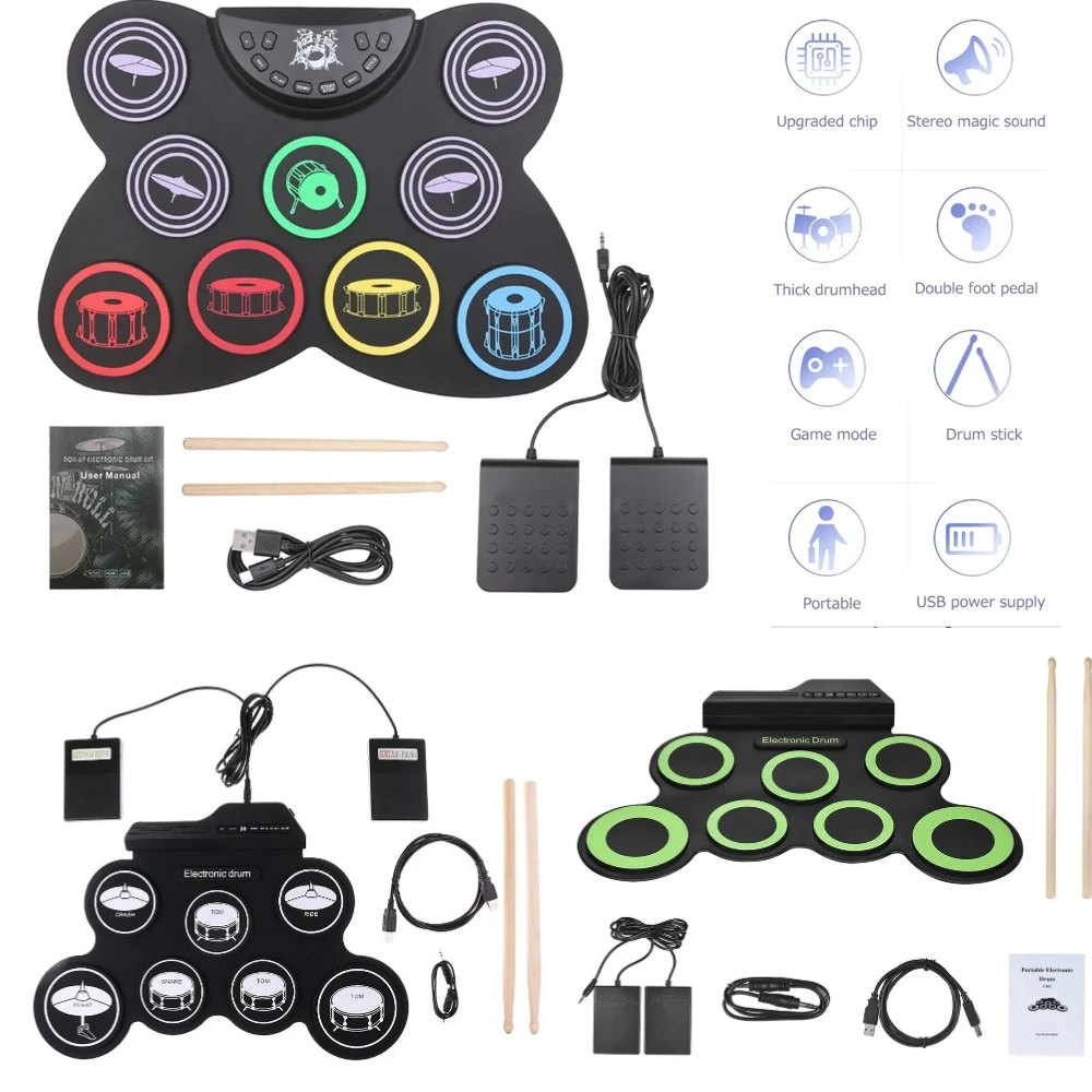 

Electronic Drum 9 Pads Portable Drums Pedal Controller with Drum Sticks Touch Sensitivity Great Holiday Birthday Gift for Kids