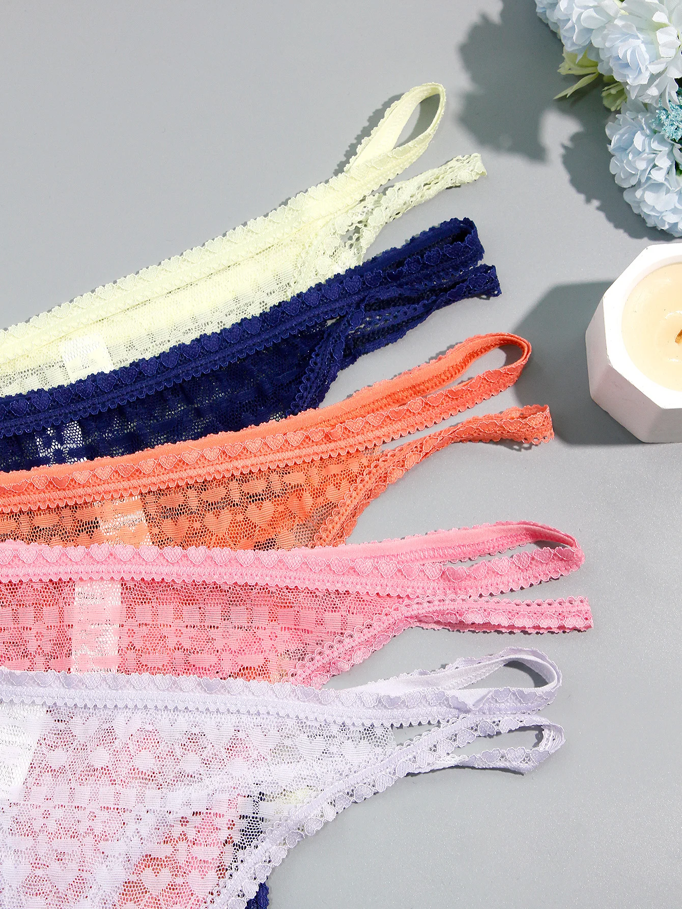 5-Pack Sexy Lace Double-Layer Thin Strap Full Lace Women's Thong Underwear Comfortable Breathable Cotton Lined Briefs