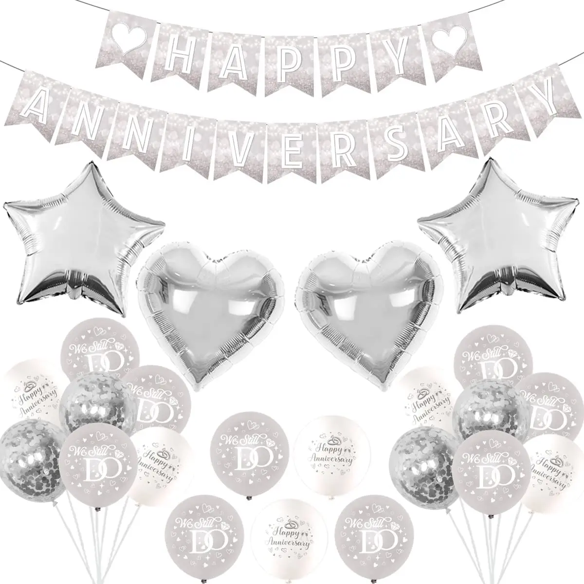 Cheereveal Silver Anniversary Decoration Set Happy Anniversary Bunting Banner Heart Balloons for Wedding Anniversary Ceremony