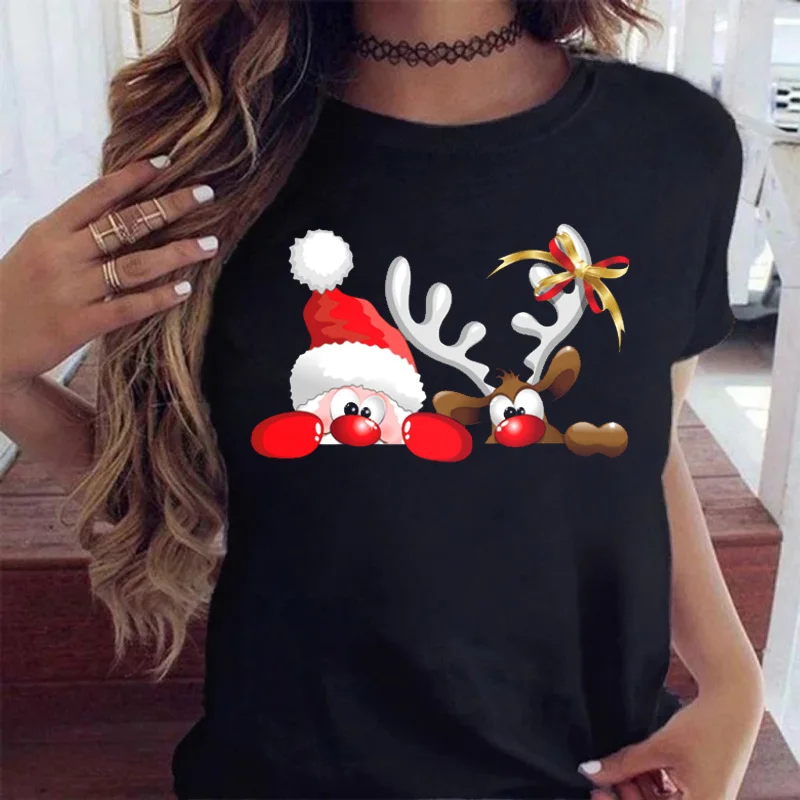 

Maycaur Fashion Women's Tops Tee Women Merry Christmas Holiday Tshirts Funny Cartoon Santa Reindeer Printed Black T-shirt Female