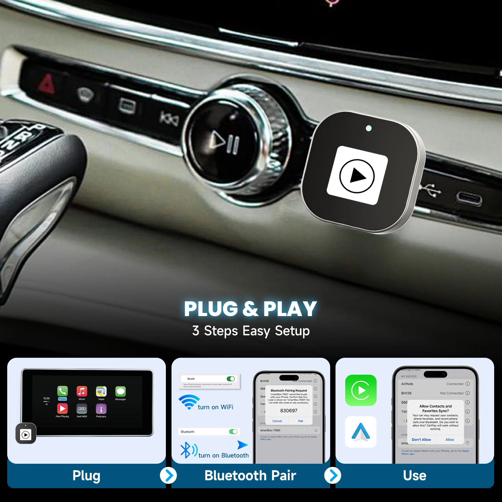 Wireless CarPlay Adapter for Wired Cars Compatible with Android Auto