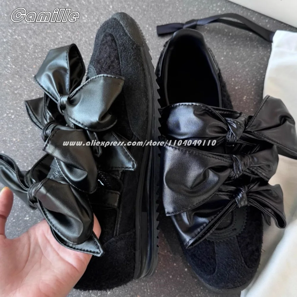 Retro Mixed Color Bow Knot Suede Flat Vulcanized Shoes Round Toe Silk Casual Lady Shoes Autumn New Size 36-40 Training Shoes 6