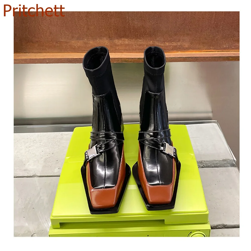 

Square Toe Square Heel Women Boots Belt Buckle Slip On Mid Calf Fashion Casual Party Sexy Mixed Color Women Shoes New Arrivals