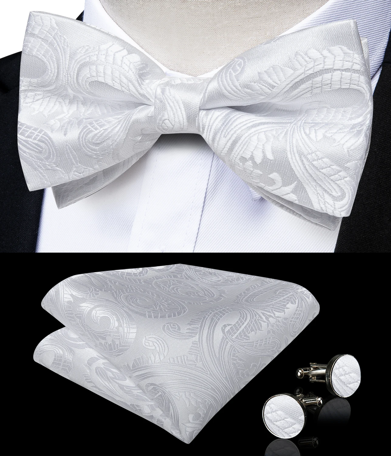 Luxury White Men's Suspenders Adjustable 6 Clips Braces DiBanGu Leather Metal Pre-Tied Bow Tie Brooch Pocket Square Set