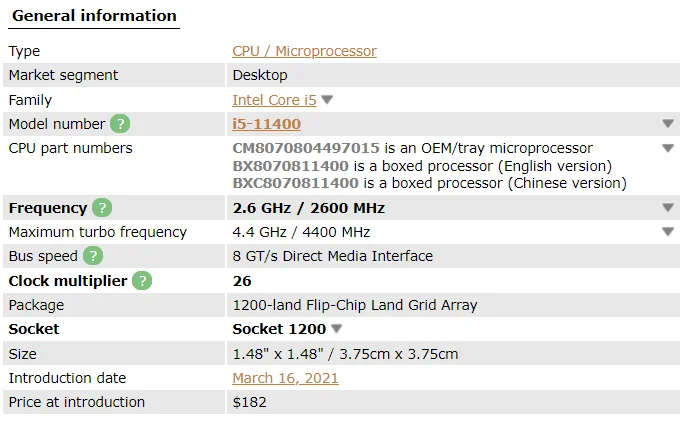 Intel BX8070811400 Core i5-11400 Desktop Processor 6 Cores up to 4.4 GHz  LGA1200 (Intel 500