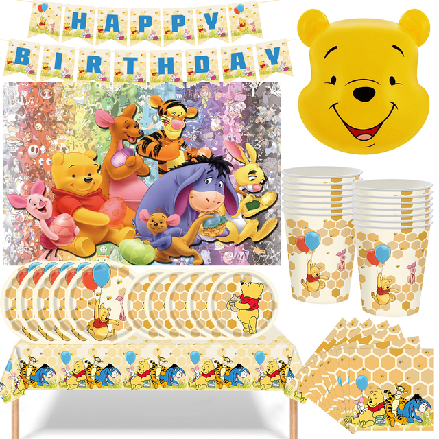 Winnie The Pooh Birthday Party Supplies Bundle - 16 Cake Plates, Table Cover, Dinosaur Stickers