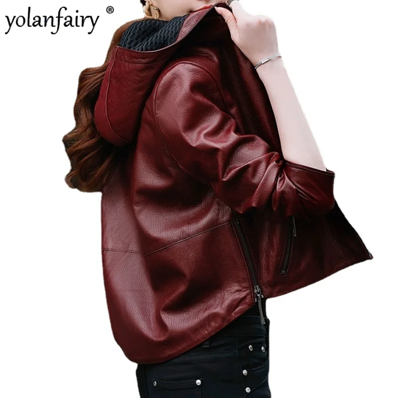 

Кожаная куртка, женская одежда из натуральной кожи, высококачественные корейские куртки из овечьей шкуры, женские мотоциклетные пальто с капюшоном, Женская куртка Sq