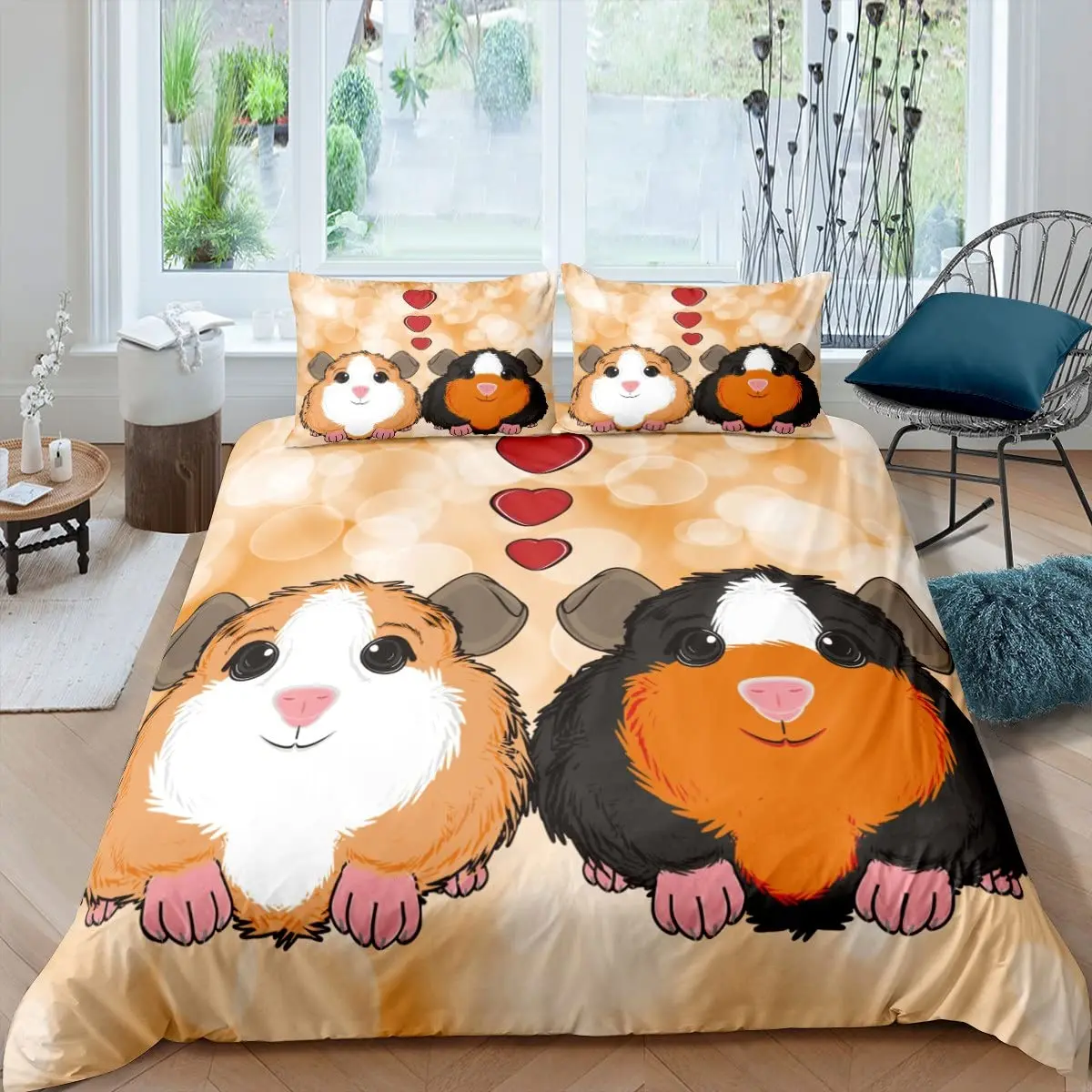Guinea Pig Duvet Cover King/Queen Size for Kids Teens Boys Girls,Cute Cartoon Hamster Rodents Bedding Set for Dorm Bedroom,White