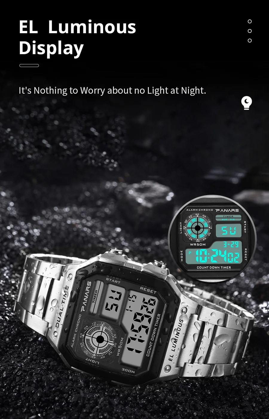 Panars top luxus edelstahl armband sport uhren herren wasserdicht rücklicht digital armbanduhr mann alarm – Detail 7