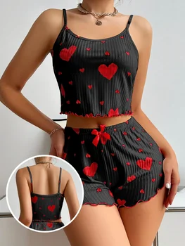 Summer Women's Heart Print 2PCS Pajamas Set Soft Ribbed Tank Top and Shorts Nightwear Sleepwear Loungewear