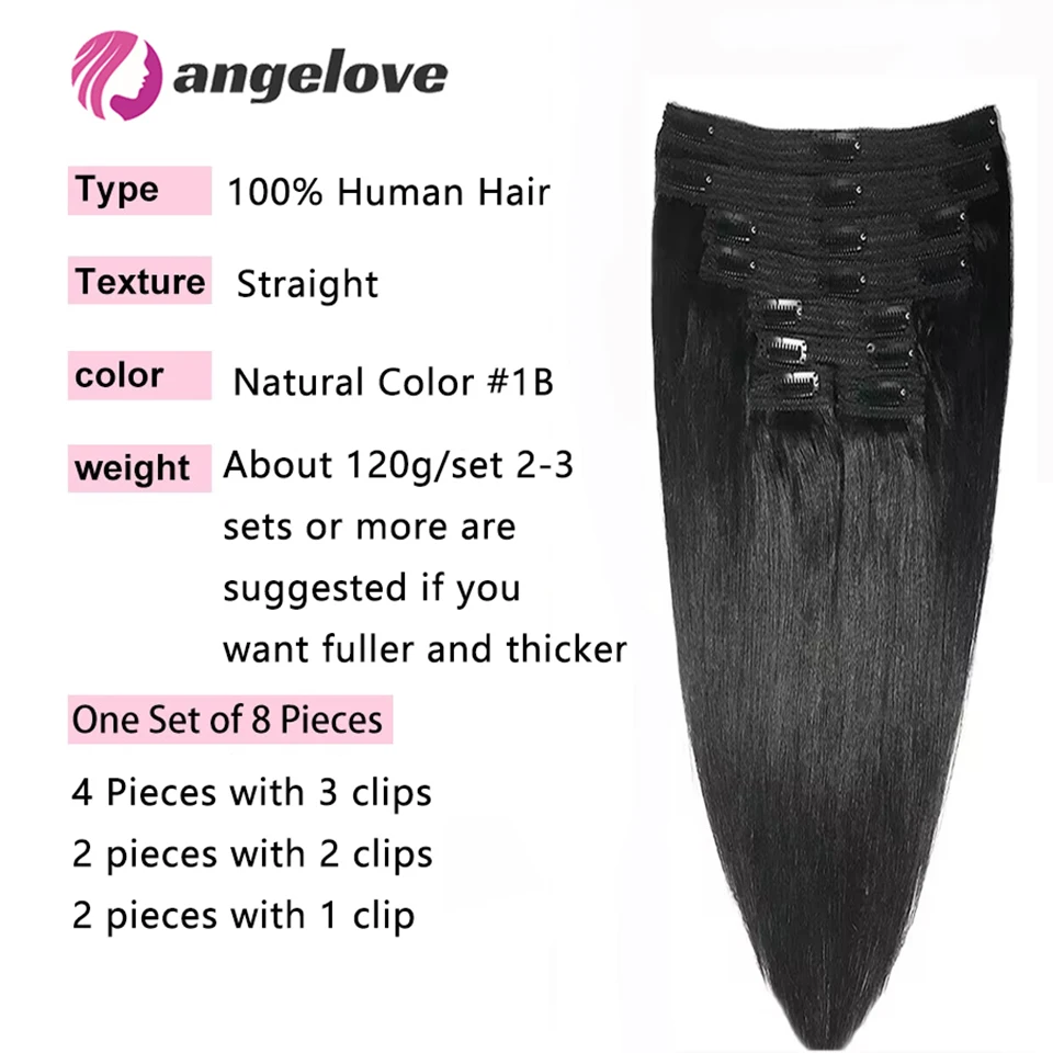 Hair Extensions 8Pcs/Set Clip In Hair Extensions Straight Human Hair Brazilian Natural Black Color 22 26 Inch 120G Remy