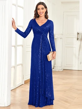 Luxury Long Sleeve V-Neck Evening Dress Women Wedding Party Sequins for Female Guests Red Prom Cocktail Dresses
