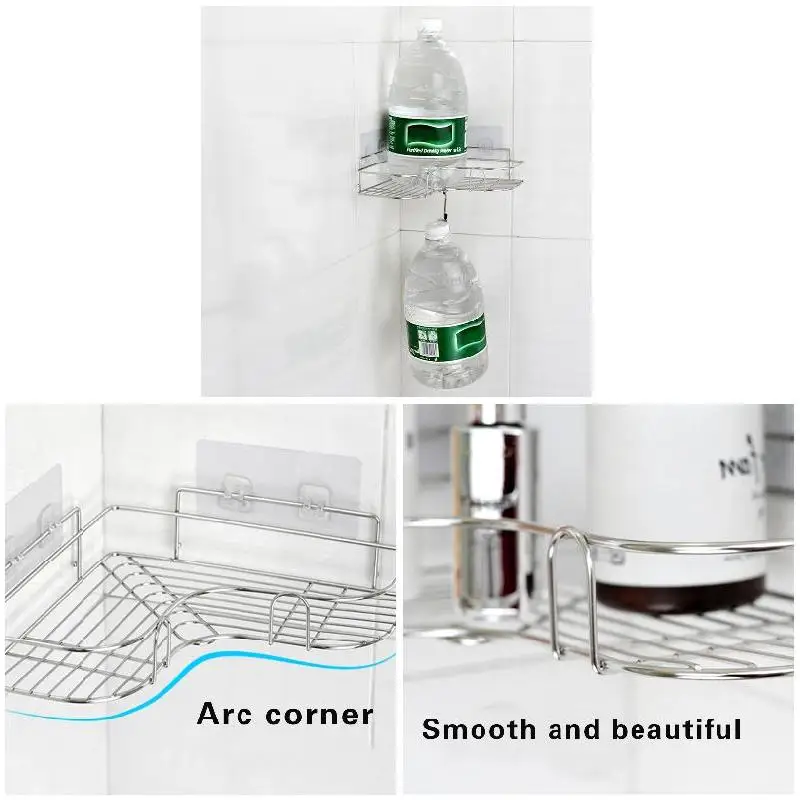 Stainless Steel Triangular Holder Shelf Wall Mounted Adhesive Shampoo Shower Storage Rack Kitchen Bathroom Organizer 6