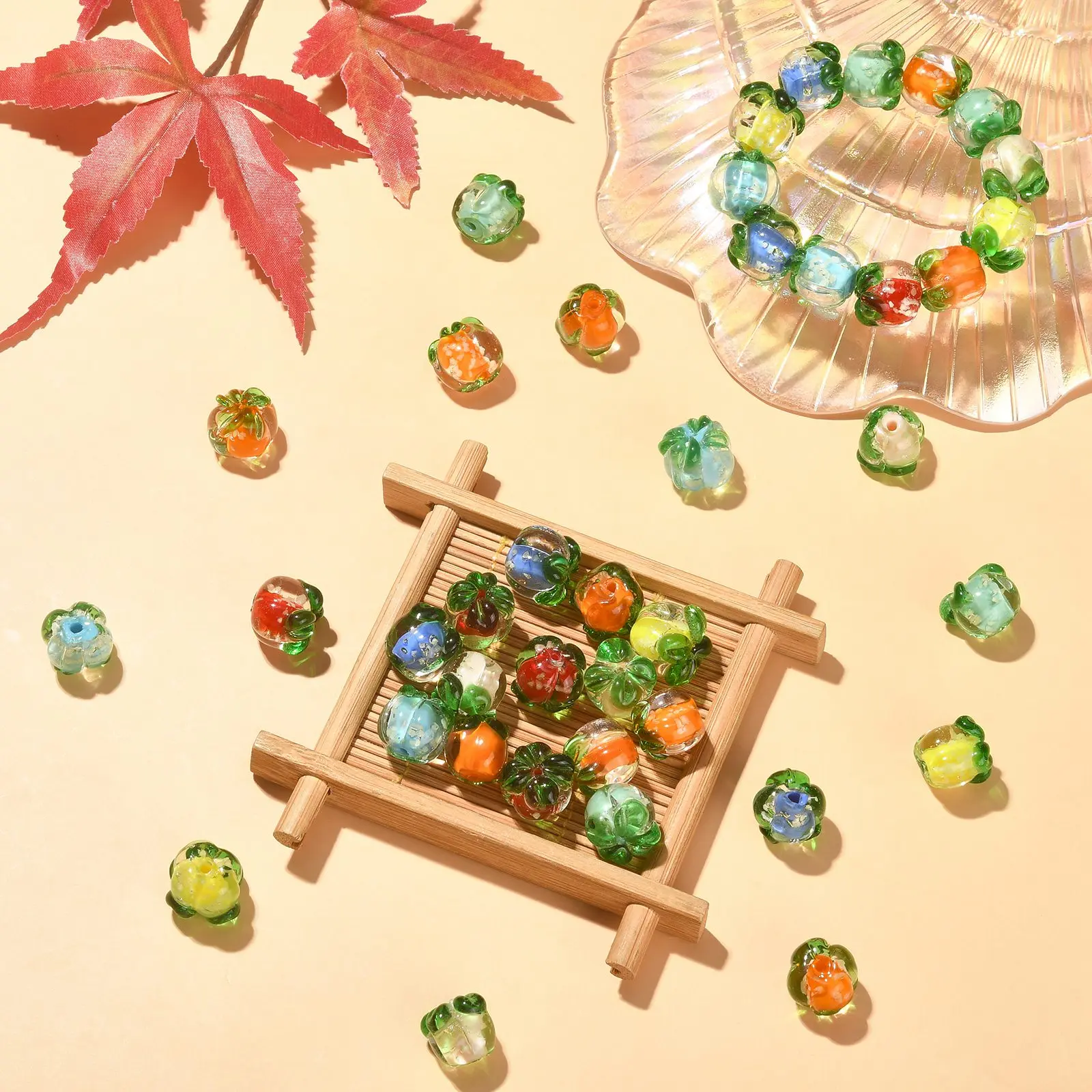 40Pcs 8 Colors Lampwork Glass Persimmon Shape Beads Handmade Lampwork Fruit Spacer Beads for Jewelry Making DIY Crafts