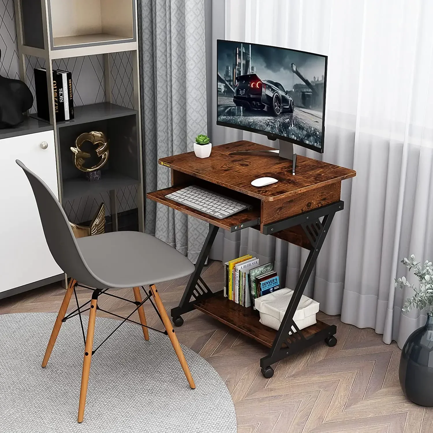 ZERDER Small Computer Desks with Power Outlet, Z-Shaped Home Office Desks  for Small Space, Compact Study Desk with Keyboard Tray and Casters,  Computer