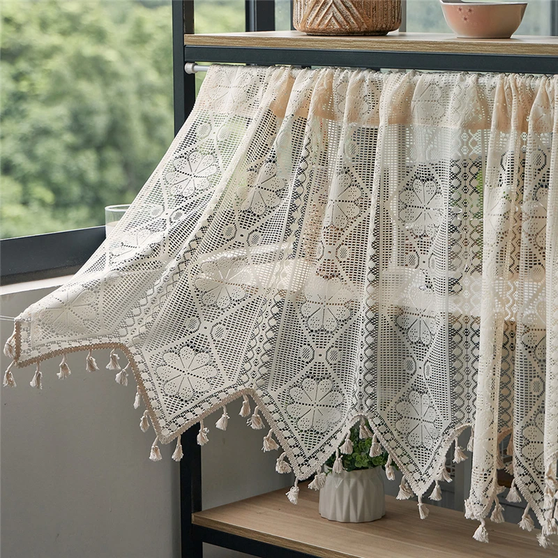 American Country Crochet Wave Hollow Short Curtains for Roman Window Kitchen Manual Rhombus Tassels Half Curtains Valance #A594 2