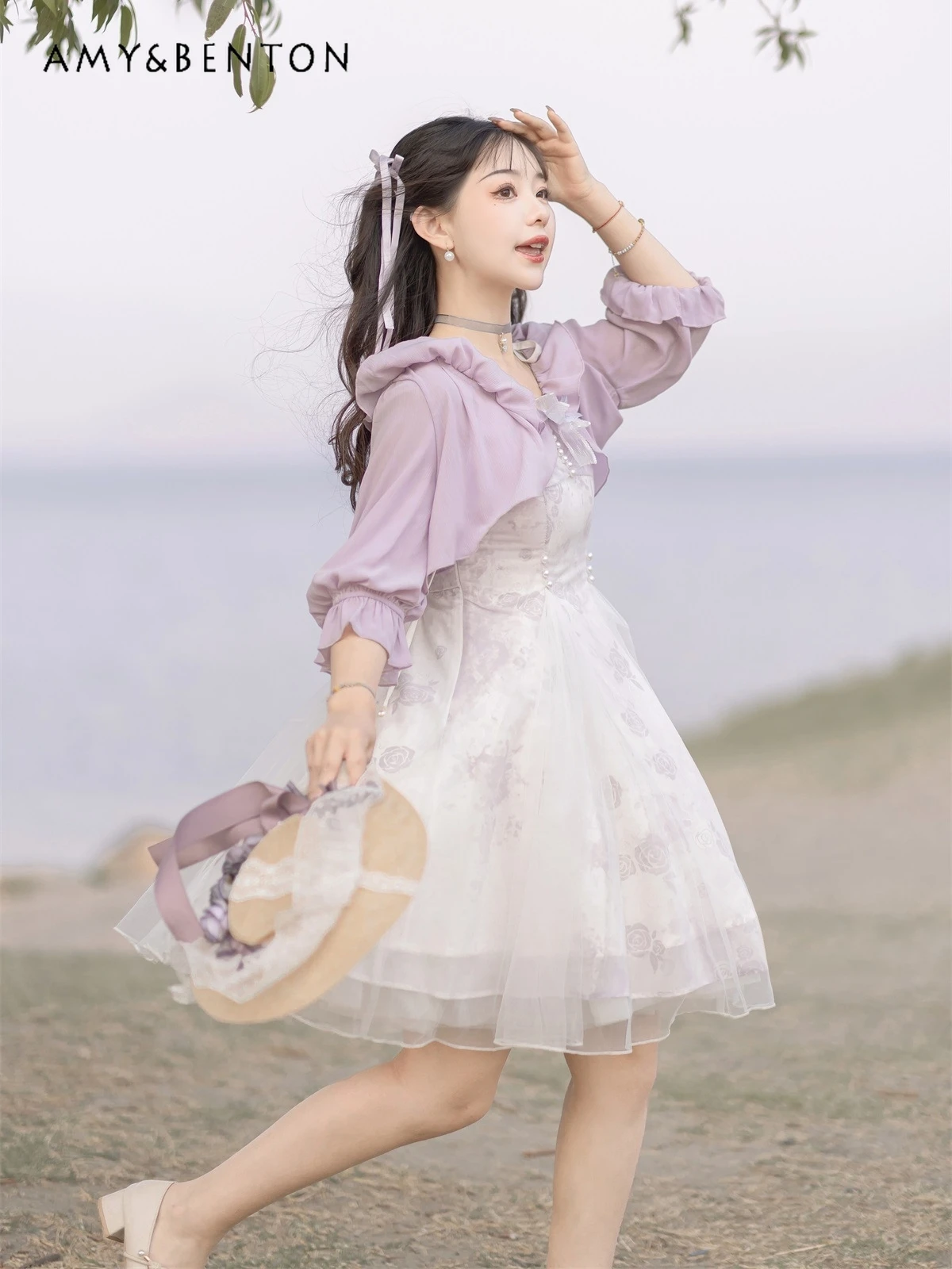 Daily Lolita Dresses Sweet Gentle Girl Doll Collar Lantern Sleeve Short Shirt + Slim Fit Midi Sling Dress Two-Piece Sets Women mini dresses girl s trip gradient ocean landscape mini dress in blue size m s