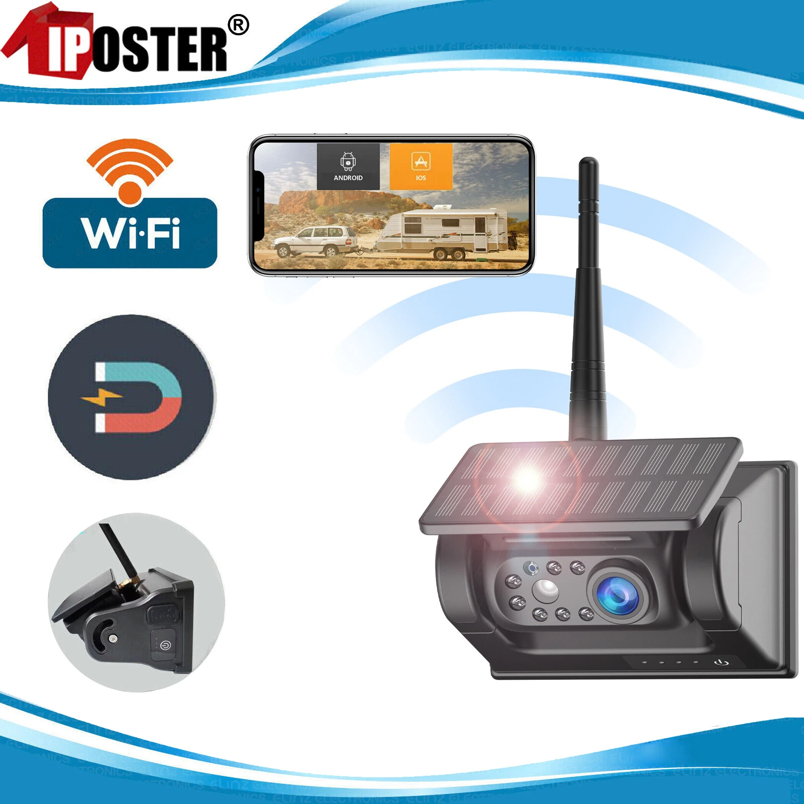 Iposter Hd Magnetic Solar Wireless Wifi Telecamera Di Retromarcia App Base Magnetica Batteria Integrata A Energia Solare Per Camper Caravan