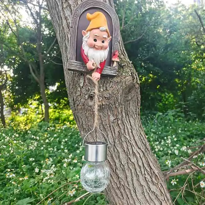 

Cute Garden Lights Gnome with Crack Lamp Outdoor Lawn Statue Patio Tree Yard Art Decor Pendent Fairy Dwarf Door House Villa 2022