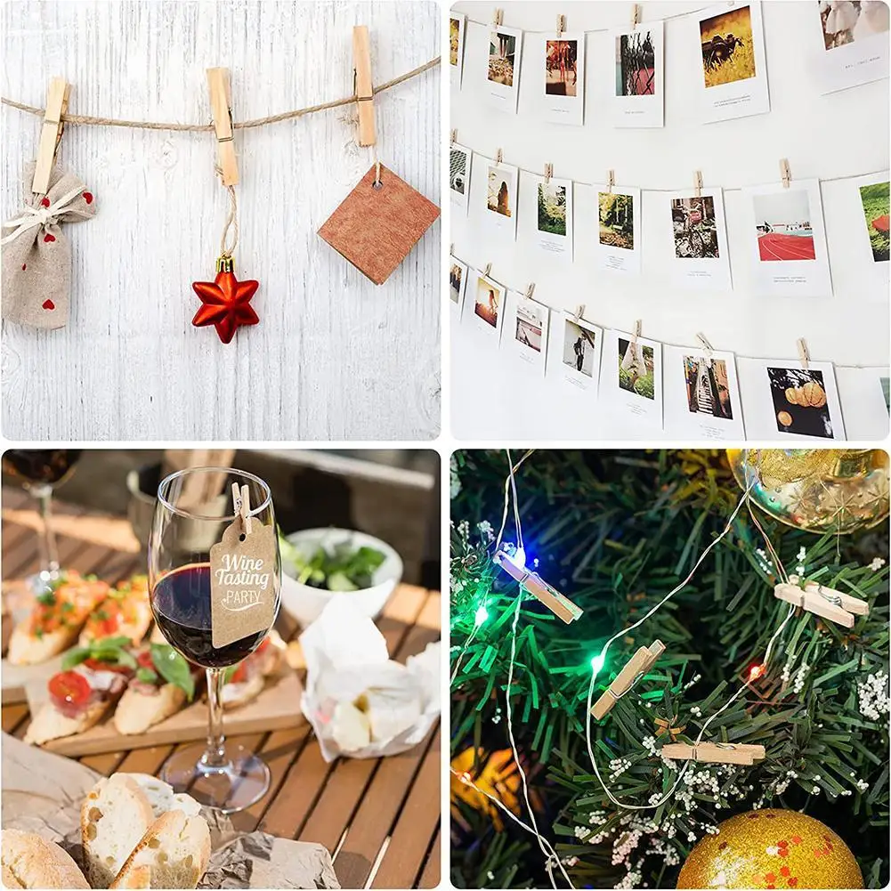 Wooden Clothespins 100pcs Multi-functional Reusable Mini Wooden Clips Jute Twine Photo Wall and DIY Craft clothes pegs photo clips