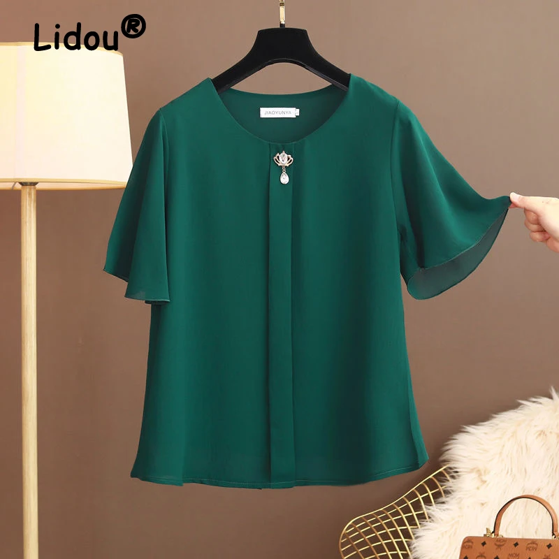

Women Clothing Ruffled Chic Elegant Chiffon Blouses Summer Fashion Round Neck Short Sleeve Solid Shirts Simple Casual Loose Tops