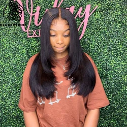 Straight Lace Front Human Wigs Layered Cut Brazilian Hair For Black Women Pre Plucked with Baby Hair 180% Density Natural Black