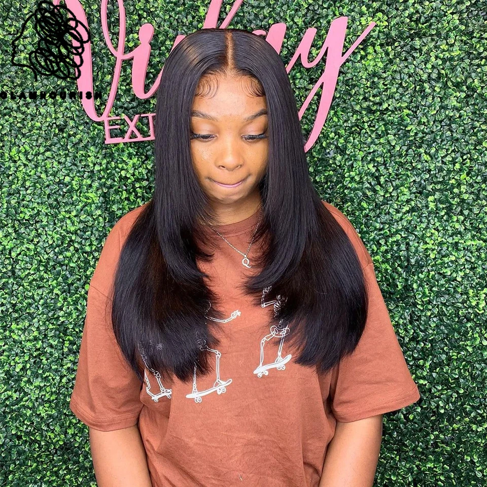 Frente reta do laço perucas humanas em camadas corte de cabelo brasileiro  para preto pré arrancadas com o cabelo do bebê 180% densidade preto natural  - AliExpress, image size:960x960