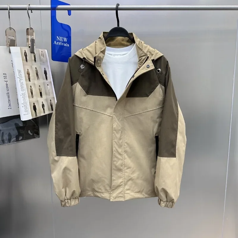 thumbnail image 1 of Abrigo de hombre de primavera y otoño, chaqueta holgada de exterior con cuello alto y capucha impermeable de manga larga, 1 of 5