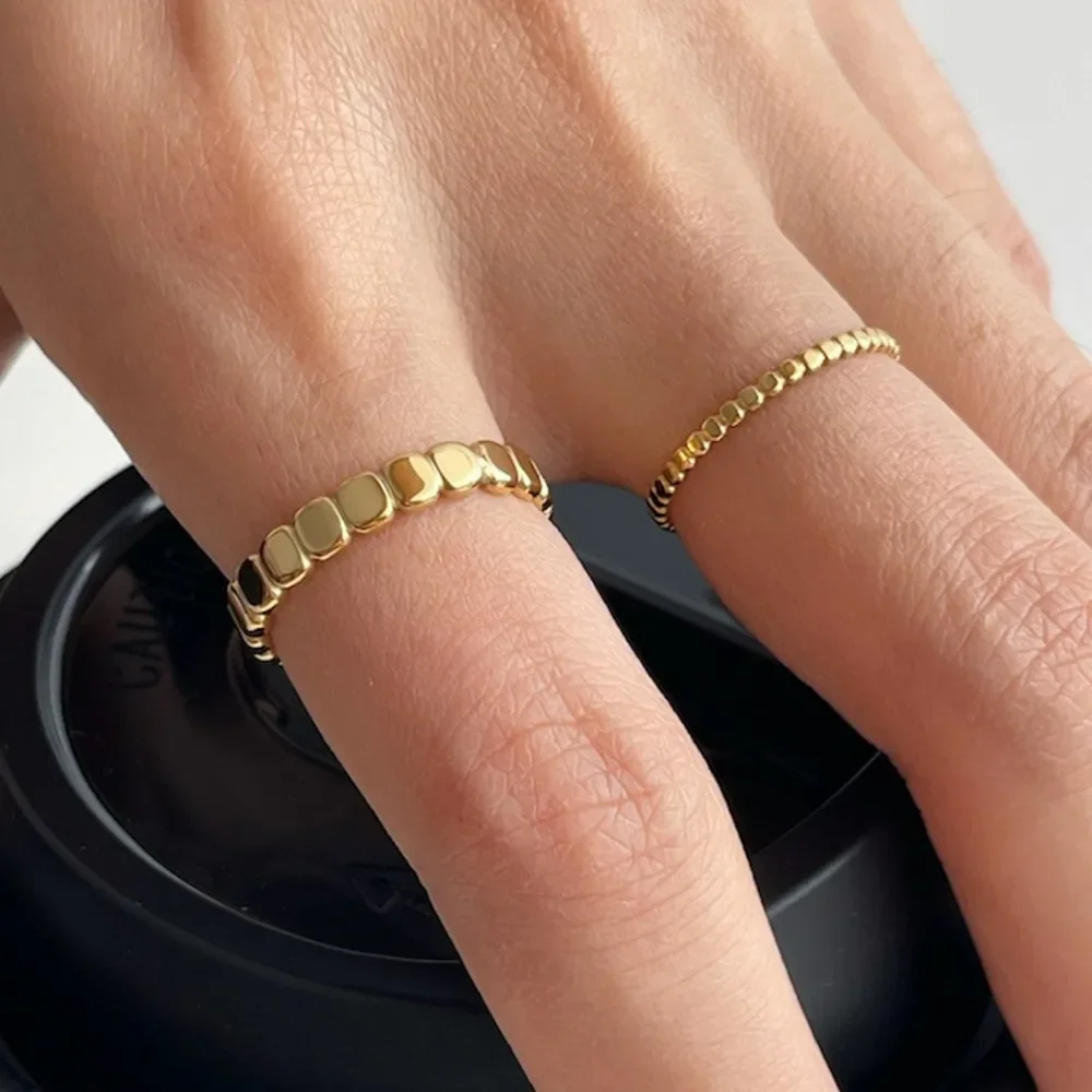 Gold Beaded Stainless Steel Rings for Women - Retro Statement Plain Band Knuckle Stacking Jewelry