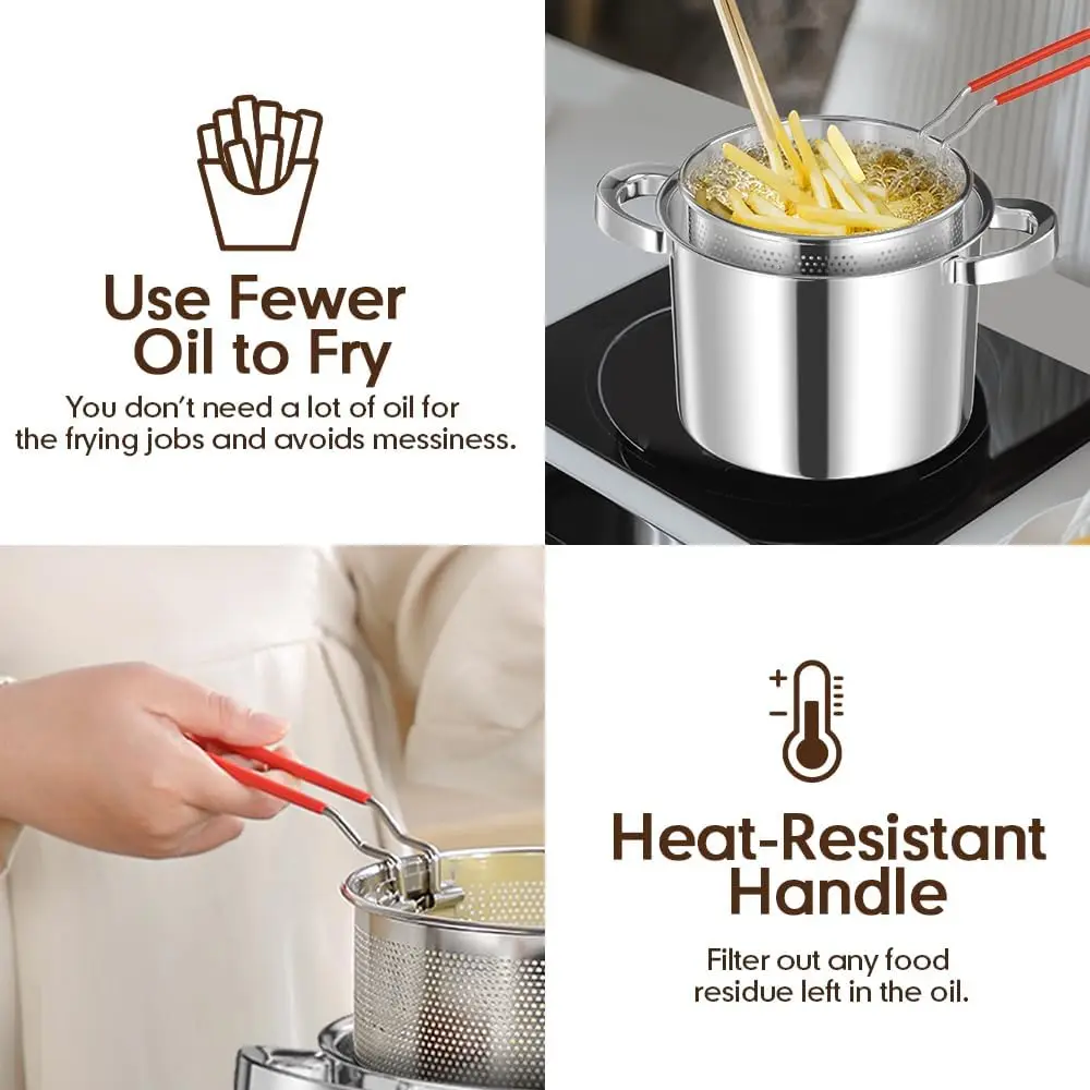 Stainless Steel Oil Filter Pan with Filter Frying Pan Double Ears with Frying Basket Cover Grease Storage