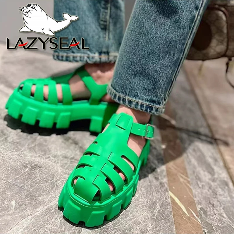 

Женские босоножки на танкетке LazySeal, летние однотонные сандалии с вырезами, с пряжкой, на массивном каблуке, гладиаторы, модель 42