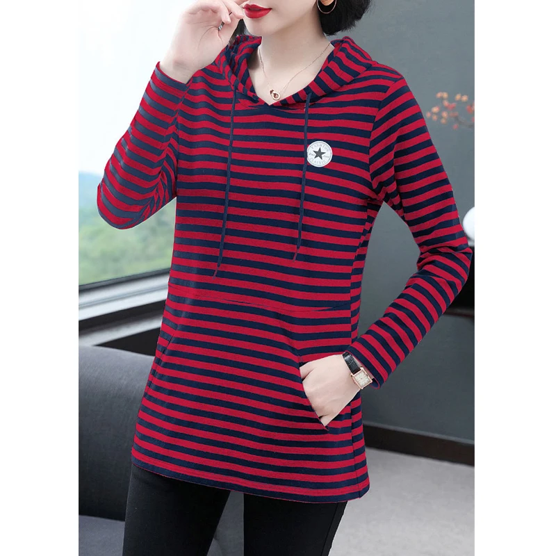 Fall Women Trendy Appliques Striped Casual Streetwear Y2K Hoodie Korean Style Long Sleeve Loose Hooded Sweatshirts Pullover Tops
