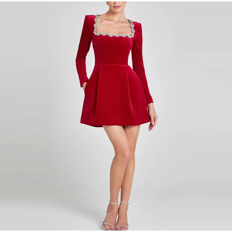 Elegant Rhinestone Decor Velvet Mini Dress Black Square Neck Long Sleeve High Waist A-line Dresses Lady Evening Party Gown