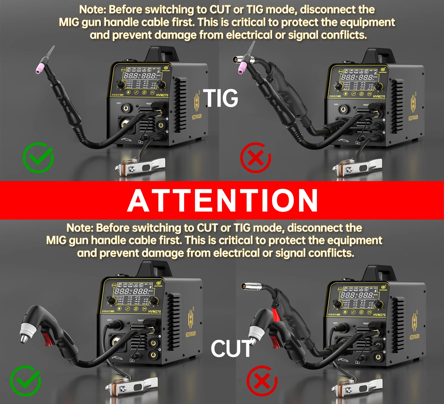 HZXVOGEN Schweißgerät Cut/Gas MIG/Gasless MIG/HF WIG/MMA Digitalbildschirm 6-in-1-Edelstahl HVM270 Aluminium 2T 4T Inverter-Schweißgerät – Detail 1