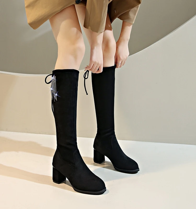 

Женские сапоги, женская обувь, Осенние Роскошные Дизайнерские привлекательные сапоги до бедра на высоком каблуке, женская зимняя обувь с круглым носком на шпильке Fa