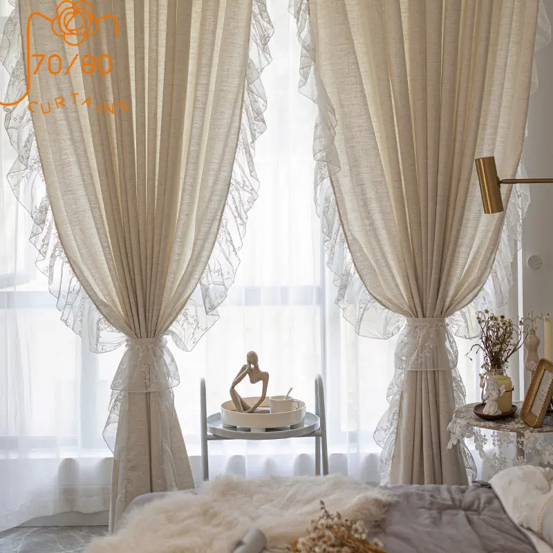 

White Ruffled Lace Semi Blackout Curtains for Bedroom Faux Linen Light Filtering Curtains French Romantic Bay Window Drapes