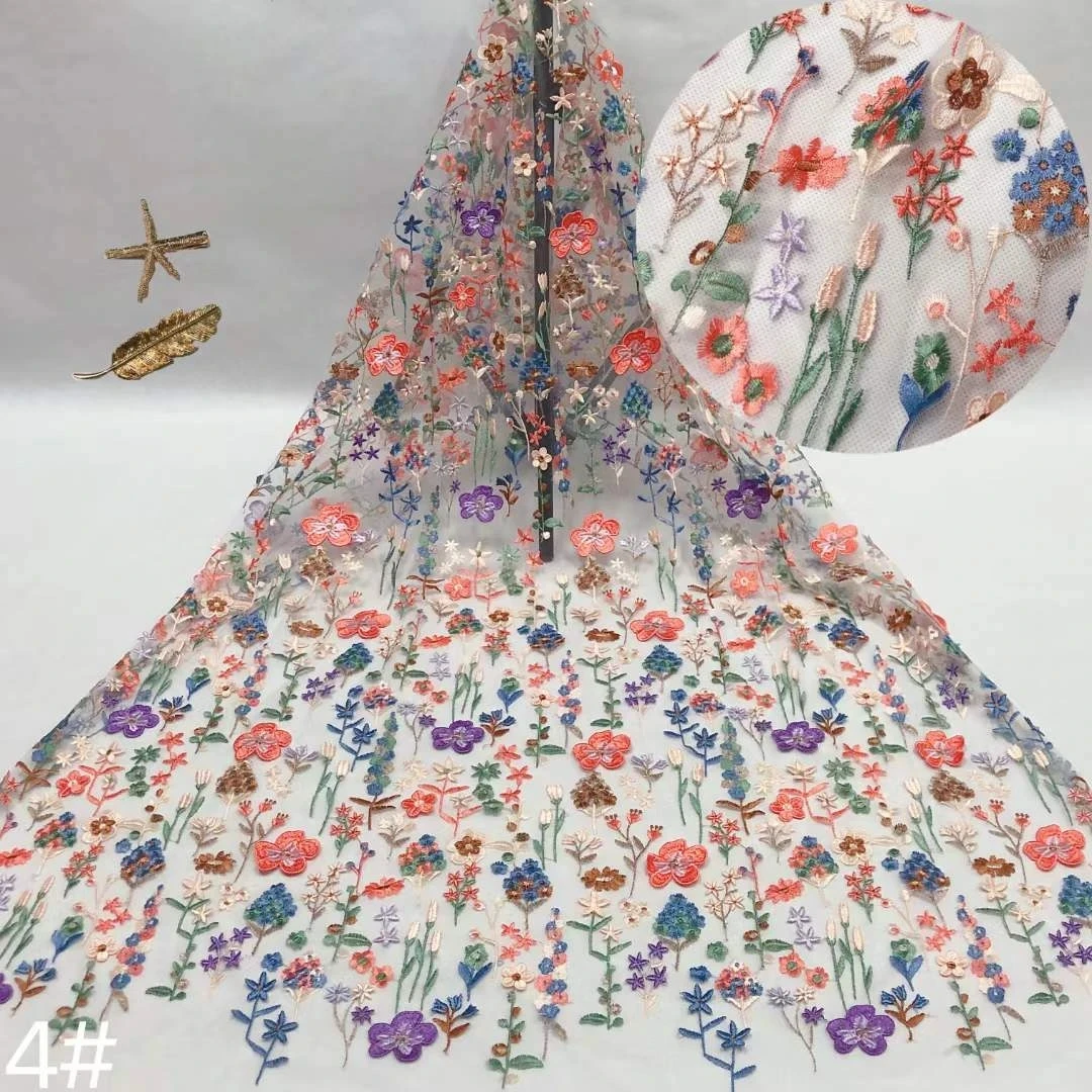 

3D Colorful Thread Embroidery Lace French Mesh Tulle African Lace Fabric For Party Dress Evening Dresses Designer Fabrics