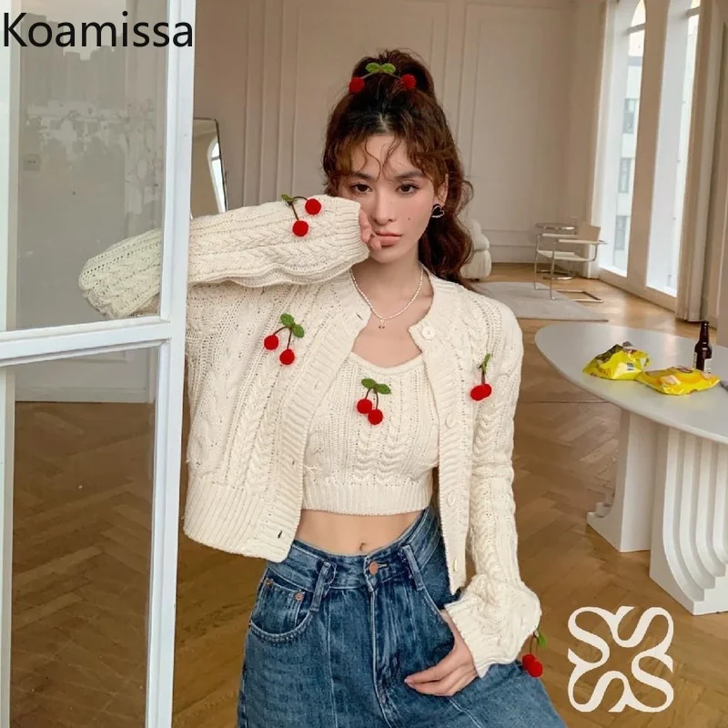 

Koamissa 2022 New Women Spring Autumn Cardigan Sexy Knitted Cropped Tank Tops Sweet Korean Chic Student Tow Piece Set Sweaters