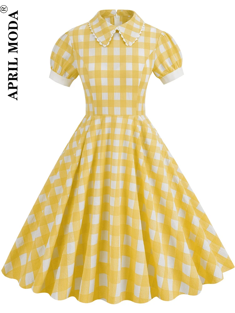 

Yellow Plaid Print Vintage Casual Summer Ladies Dress Peter Pan Collar Princess Short Sleeve Slim Runway Party Midi Flare Dress