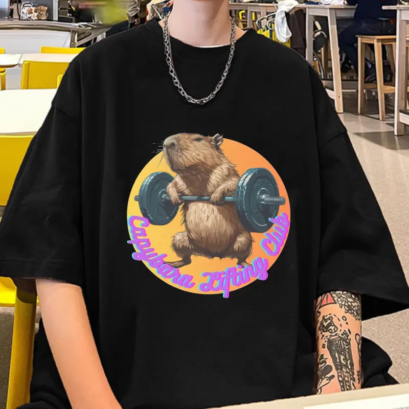 

Capybara Lifting Club Gym T-Shirt Funny Graphic Print T Shirts Men Women Oversized Cotton Short Tshirt Unisex Cartoon Streetwear