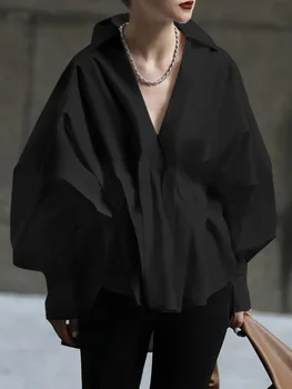 Missuoo Women's Solid Black Oversized V Neck Cotton Blouse 2026 Casual Batwing Sleeve Gathered Waist Buttonless Shirt Top 1