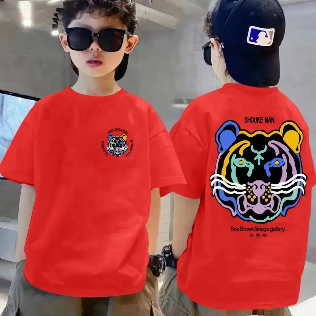 Boys 100% Cotton T-shirt Summer Cartoon Graffiti Lion Printed Girls Tees Short Sleeve Children Tops High Quality Kids Clothes 3