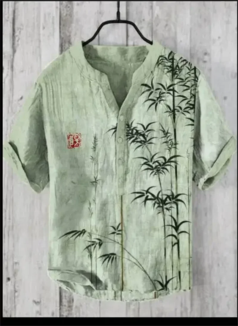 Simple Plum Blossom 3D Printing Art Linen Blended Men's Casual V-neck Shirt